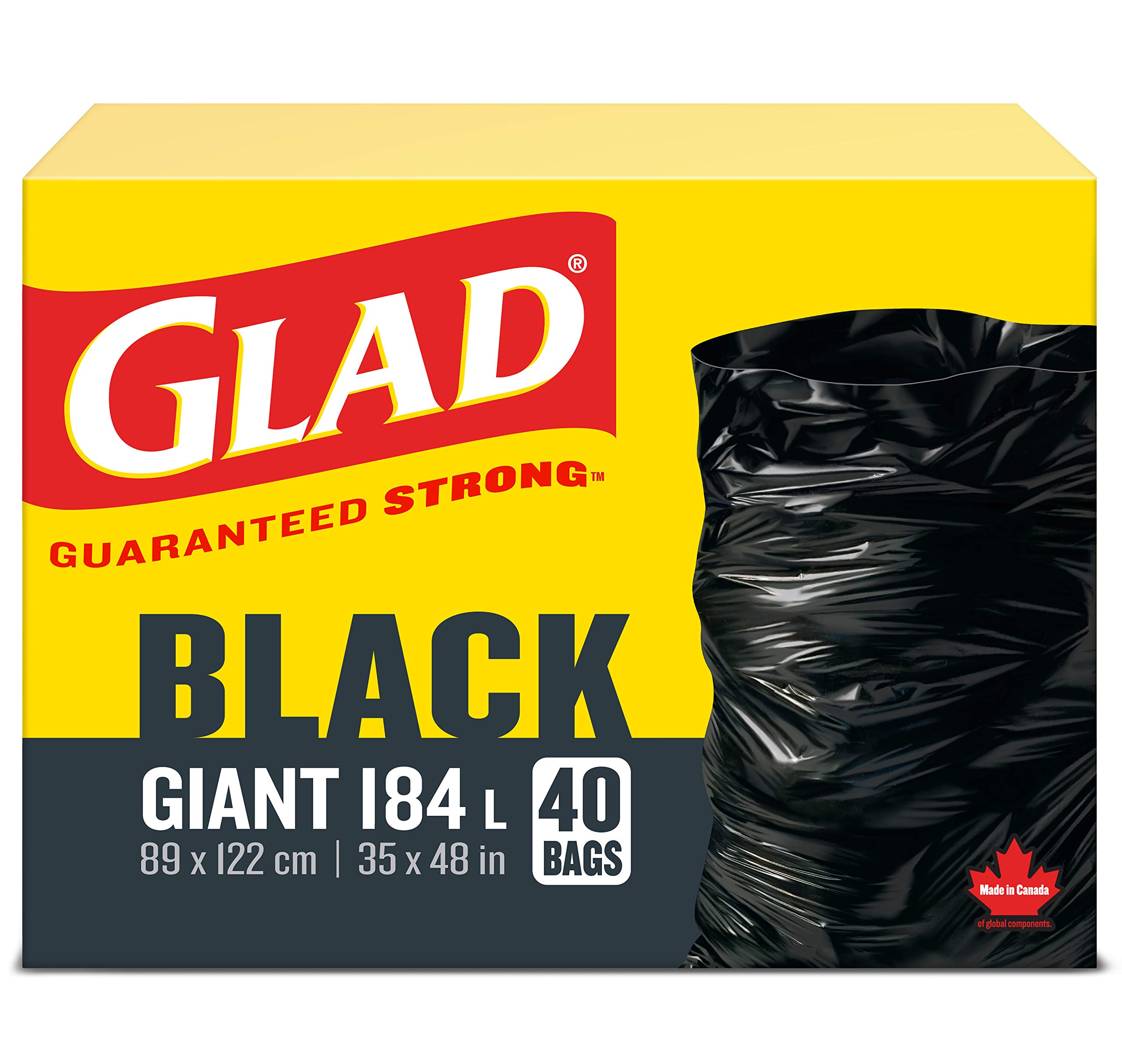 Glad Black Garbage Bags - Giant 184 Litres - 40 Trash Bags Made in Canada of Glo