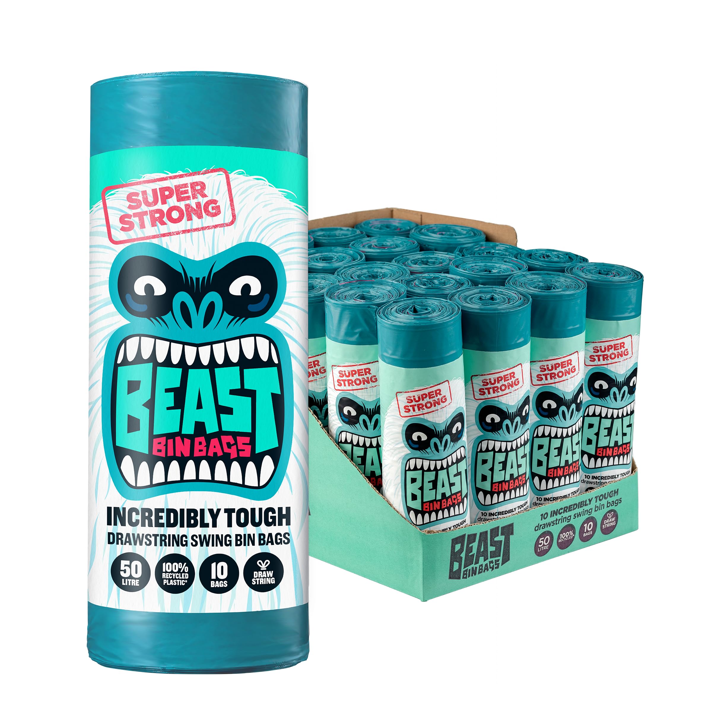 BEAST Bin Bags, 50L Strong, Drawstring, 100% Recycled Plastic (200 Bags)