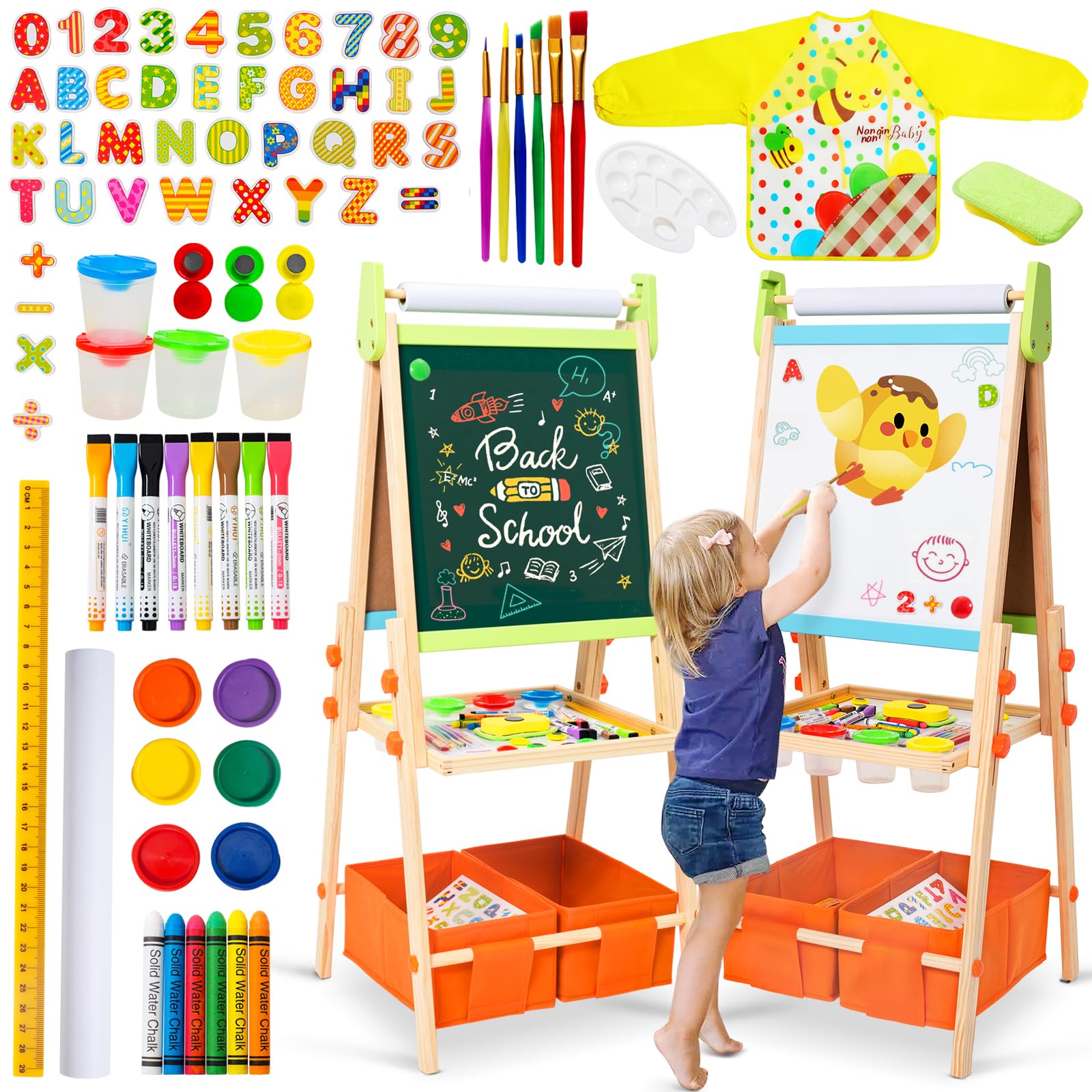Kids Easel Including 100+ Accessories, Rundad Double Sided Wooden Easel for Kids