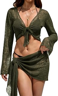 ALIREVERIE Women's 2 Pieces Cover Up Mesh Tie Front Beach Swim Bikini Set
