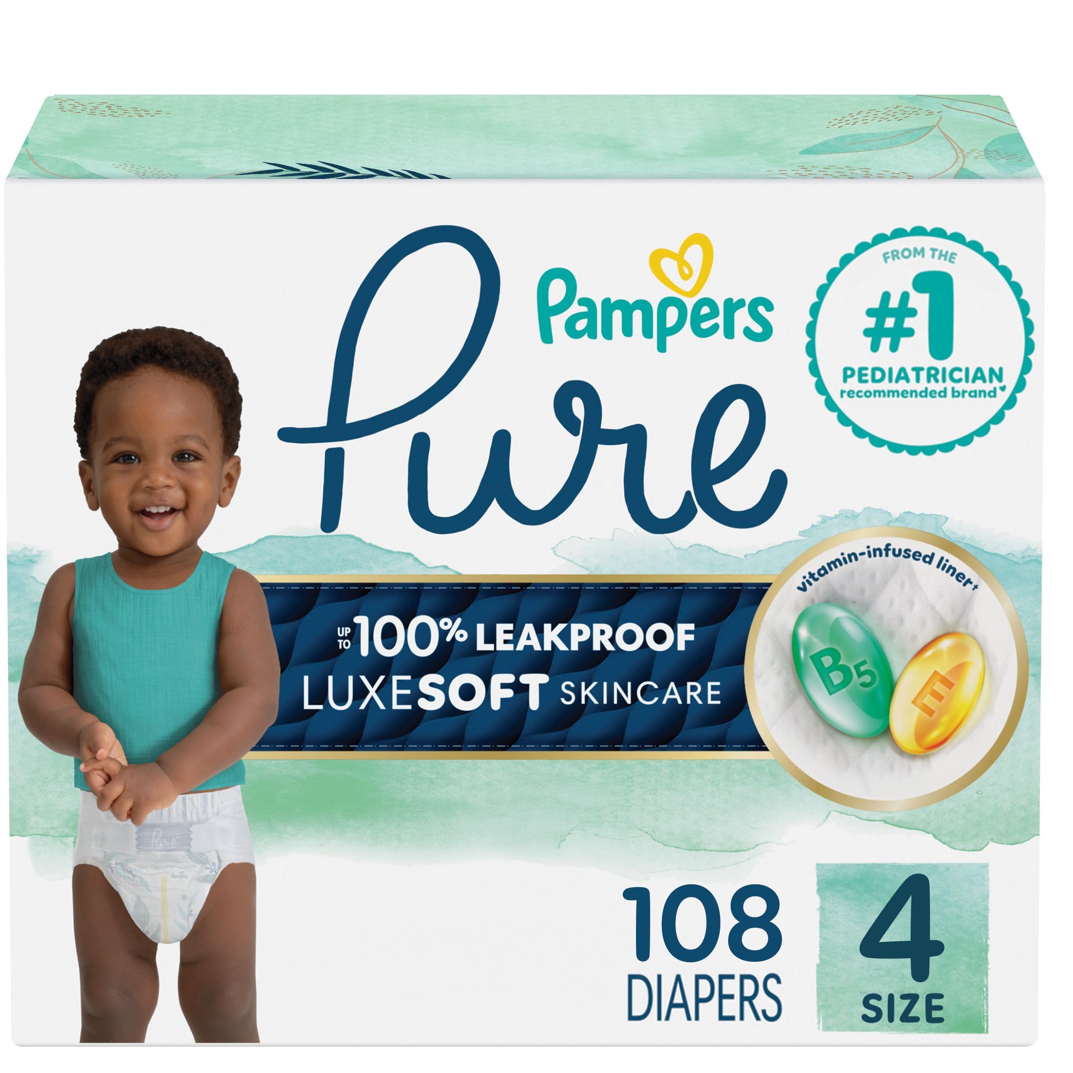 Pampers Pure Baby Diapers, Size 4 (22-37 lbs), 108
