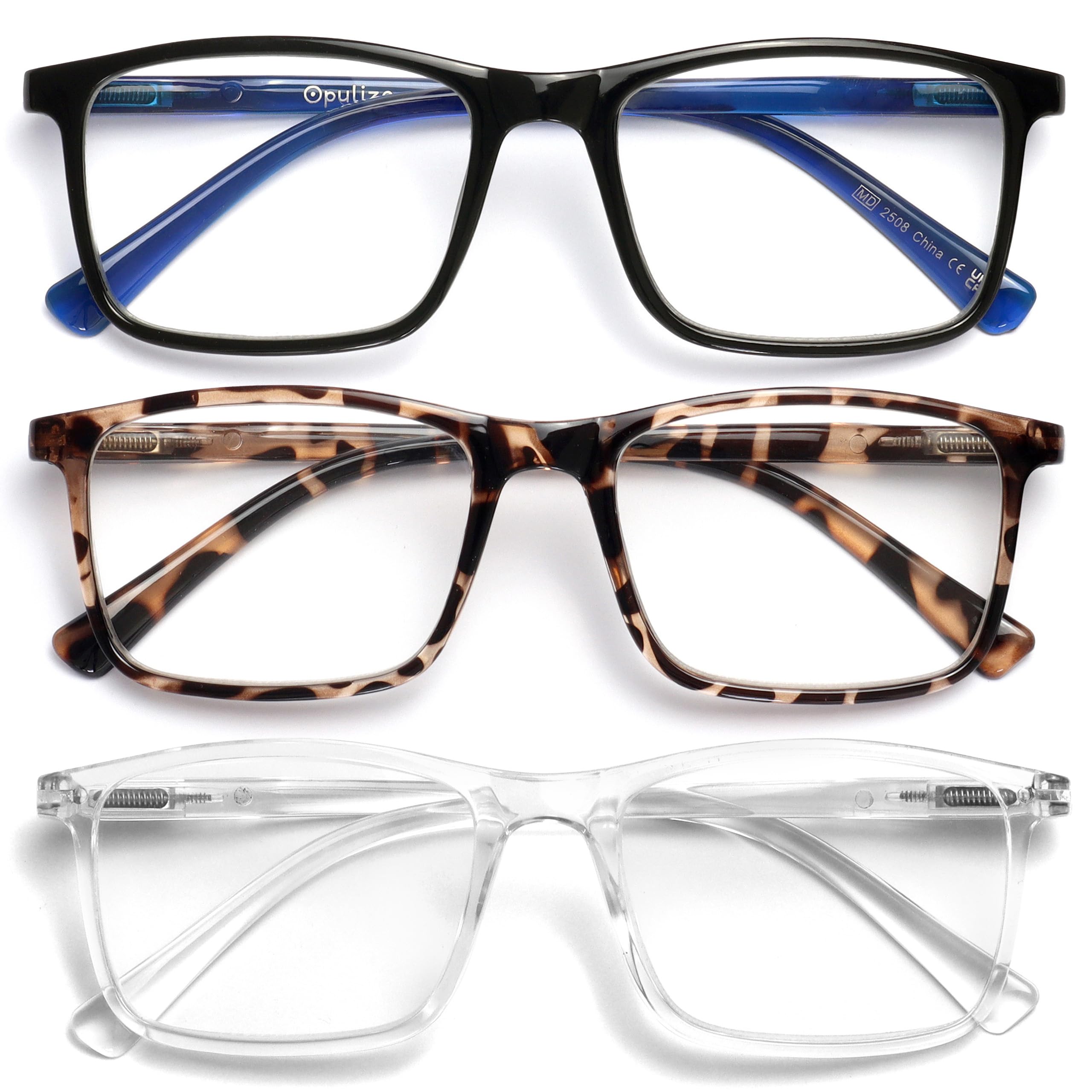 OPULIZE INK Reading Glasses for Women Men, Large Rectangular Frame with Spring H