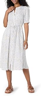 Amazon Essentials Women's Relaxed Fit Half-Sleeve Breathable Button Front Drawstring Waist Midi A-Line Dress with Pockets