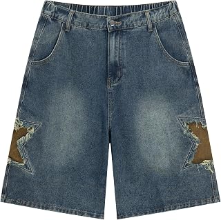 Vamtac Men's Baggy Denim Shorts Y2K Elastic Waist Star Patch Jorts