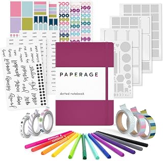 PAPERAGE Bullet Style Journal Kit, Dotted Journaling Set & Stationary Kit, Hardcover Dotted Journal Notebook (Raspberry), 12 fineliner Pens, 8 Sticker & 3 Stencil Sheets, 6 Washi Tapes