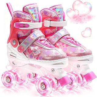OLYSPM Kids Roller Skates for Girls with All-Over Dreamy Hearts & Luminous Wheels, Adjustable 4 Sizes,Quad skates for Beginners,Best Gifts for Birthdays Christmas