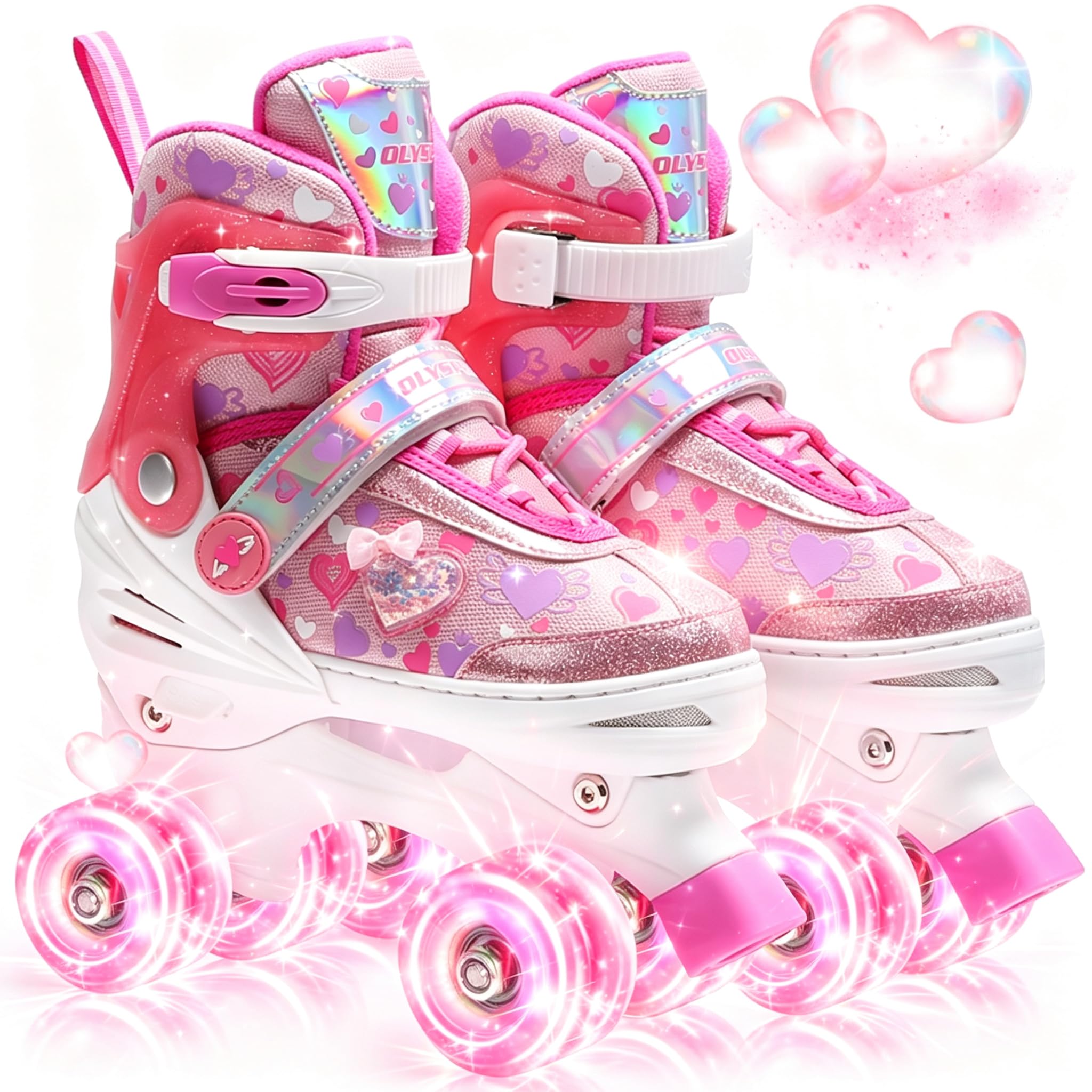 OLYSPM Kids Roller Skates for Girls with All-Over Dreamy Hearts & Luminous Wheel