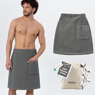 Luxury Organic Japanese Cotton Waffle Body Towel Wrap for Men | Sauna, Spa, Onsen, Shower Towel with Adjustable Snap Closure and Pocket | Ultra Plush 450 GSM (Smoke, L/XL)