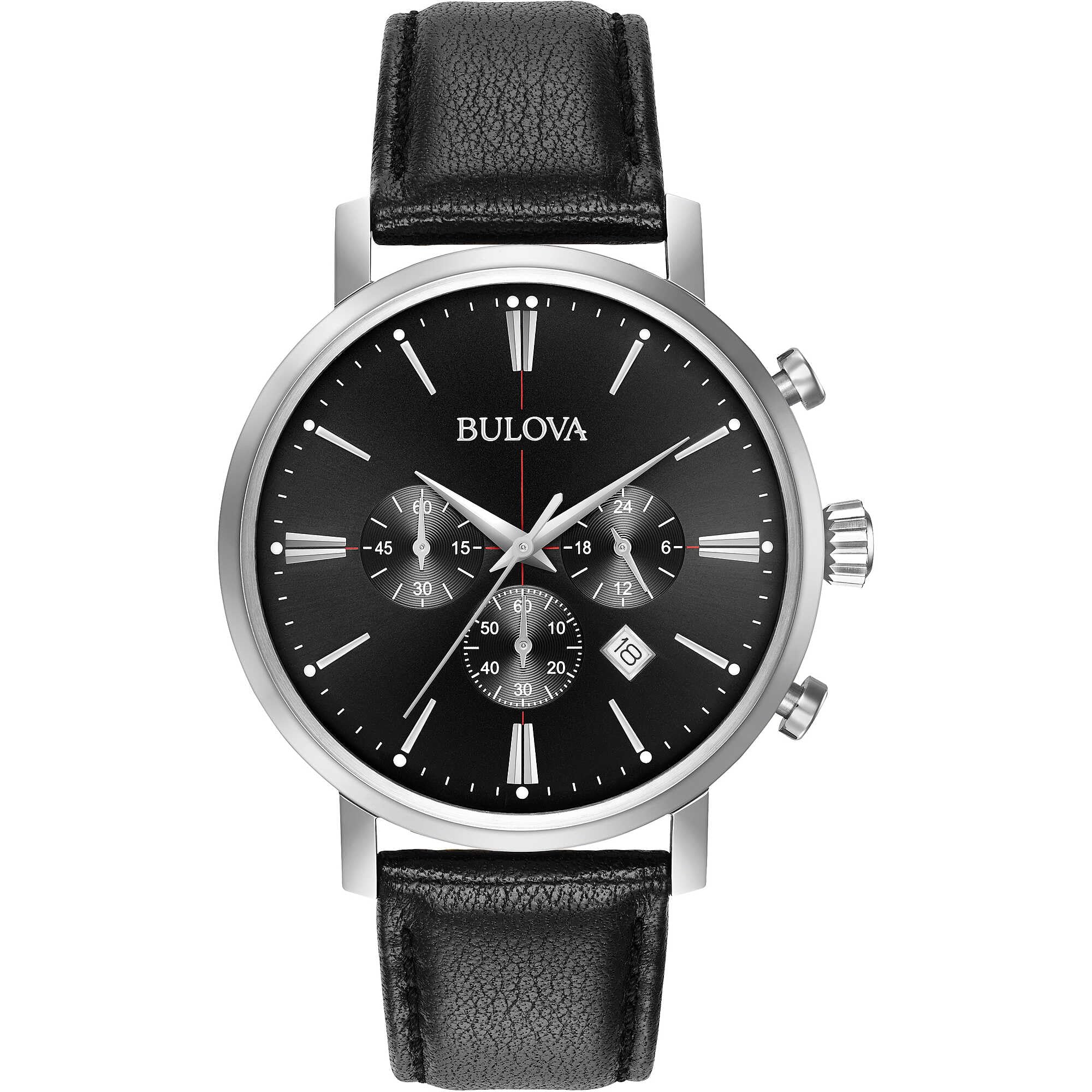 Bulova Classic Aerojet 96B262 - Stopwatch Design - Leather Strap - Men - Black