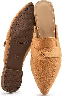 Flat Mules for Women: Pointed Toe Slip On Bow Backless Mules - Non Slip Cushioned Dressy Work Shoes - Lightweight Comfortable Office Business Walking Flats