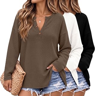 Huukeay 3Pcs Women Waffle Oversized Shirt Henley Long Sleeve Top