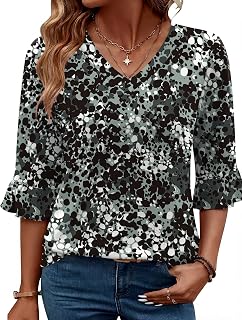 LOMON 3/4 Length Sleeve Womens Tops 2026 Spring V-Neck Ruffle Blouses Dressy Casual Shirts Beach Vacation Tunic