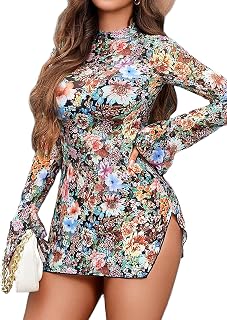 Avidlove Mesh Mini Dresses for Women Bell Sleeves Bodycon Turtle Neck Dress