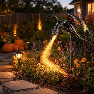 Solar Dragon Garden Light, Breathing Flame Fiber Optic Outdoor Stake | Solar Powered Dragon With Breathing Flame Lights, Adds A Mystical Glow To Lawns, Patios, Pathways And Flower Beds