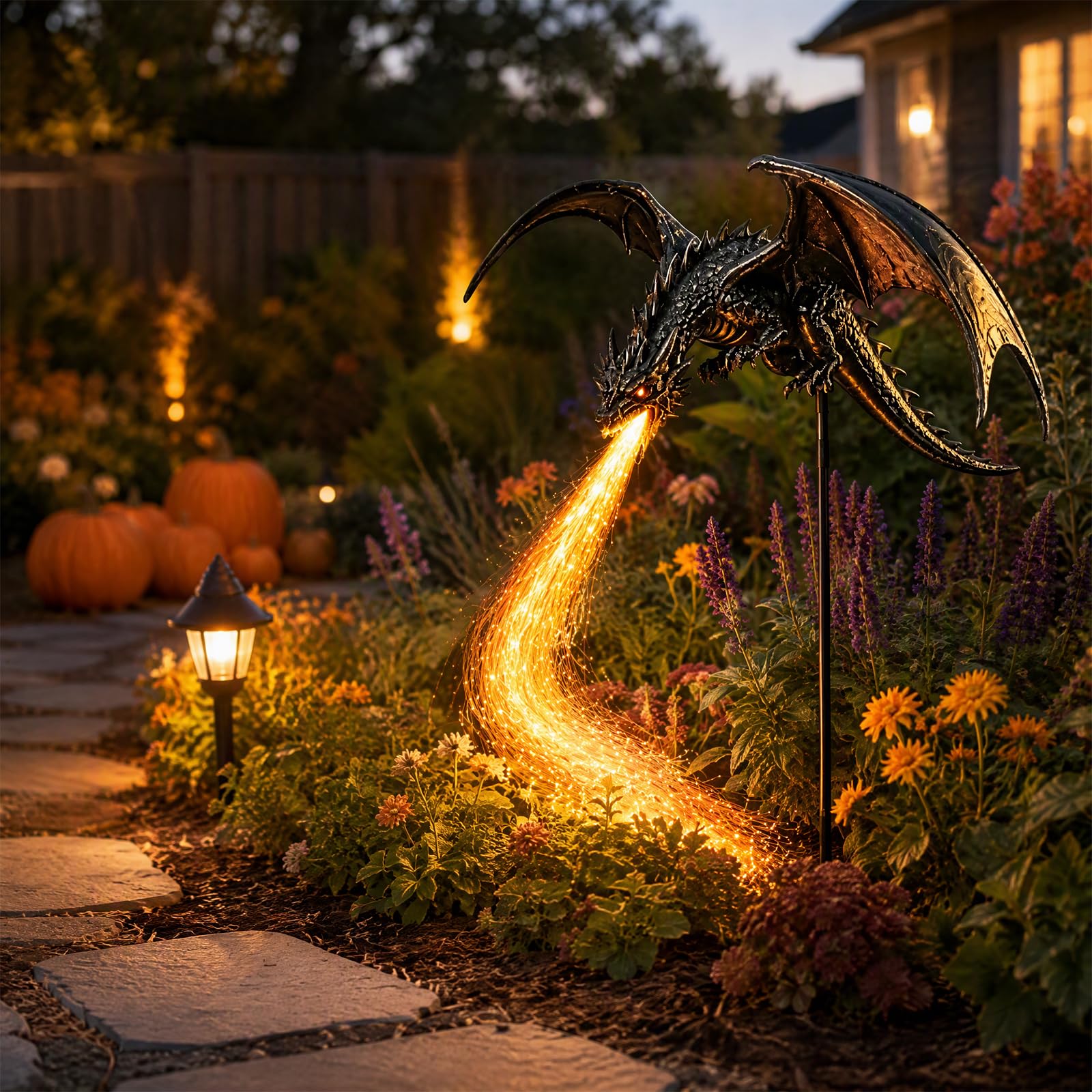 Solar Dragon Garden Light, Breathing Flame Fiber Optic Outdoor Stake | Solar Pow