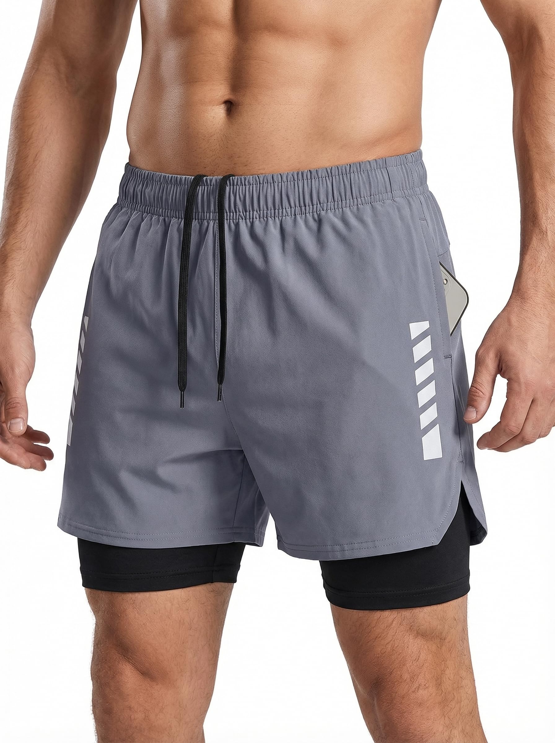 Mens Running Shorts - Quick Dry Patchwork Training Shorts with Zipper Pockets fo