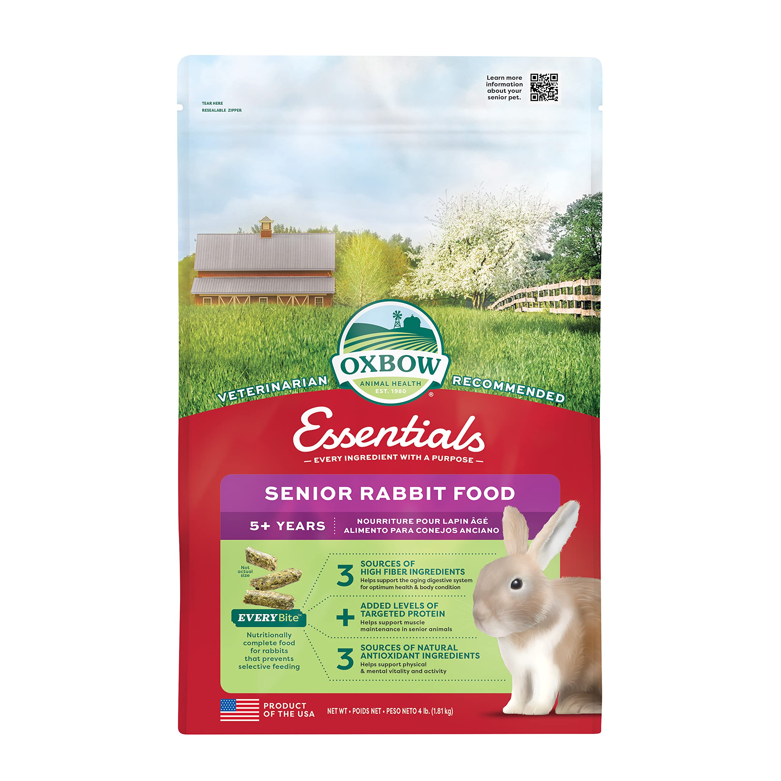 Oxbow Essentials Senior Rabbit Food, High-Fiber Rabbit Pellets, 4 lb | High-Fibe