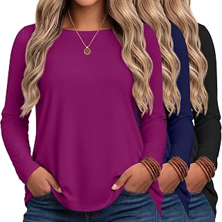 Ficerd 3 Pack Women's Plus Size Tops Long Sleeve T Shirts