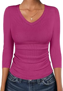 ANRABESS 3/4 Sleeve Shirts for Women V Neck Ribbed Knit Slim Fitted Tops Basic Tshirt 2026 Summer Casual Tees Trendy Outfits