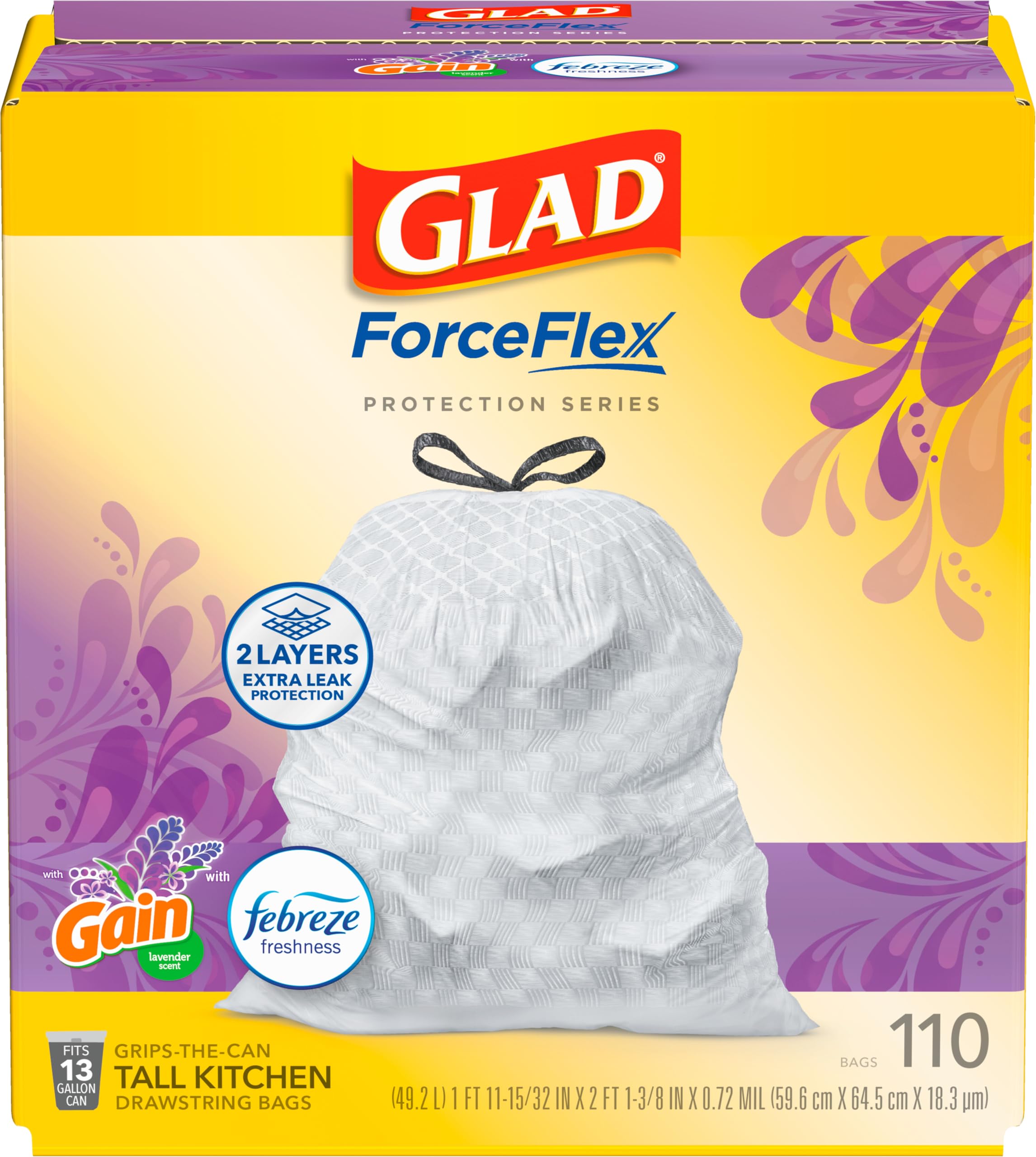 Glad ForceFlex Tall Kitchen Trash Bags, 13 Gal, Gain Lavender, 110 Ct, Pack May 