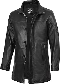 Blingsoul Men's Leather Car Coat - Real Lambskin Long Leather Jacket Men, Mid-Thigh Genuine Leather Coat for Men