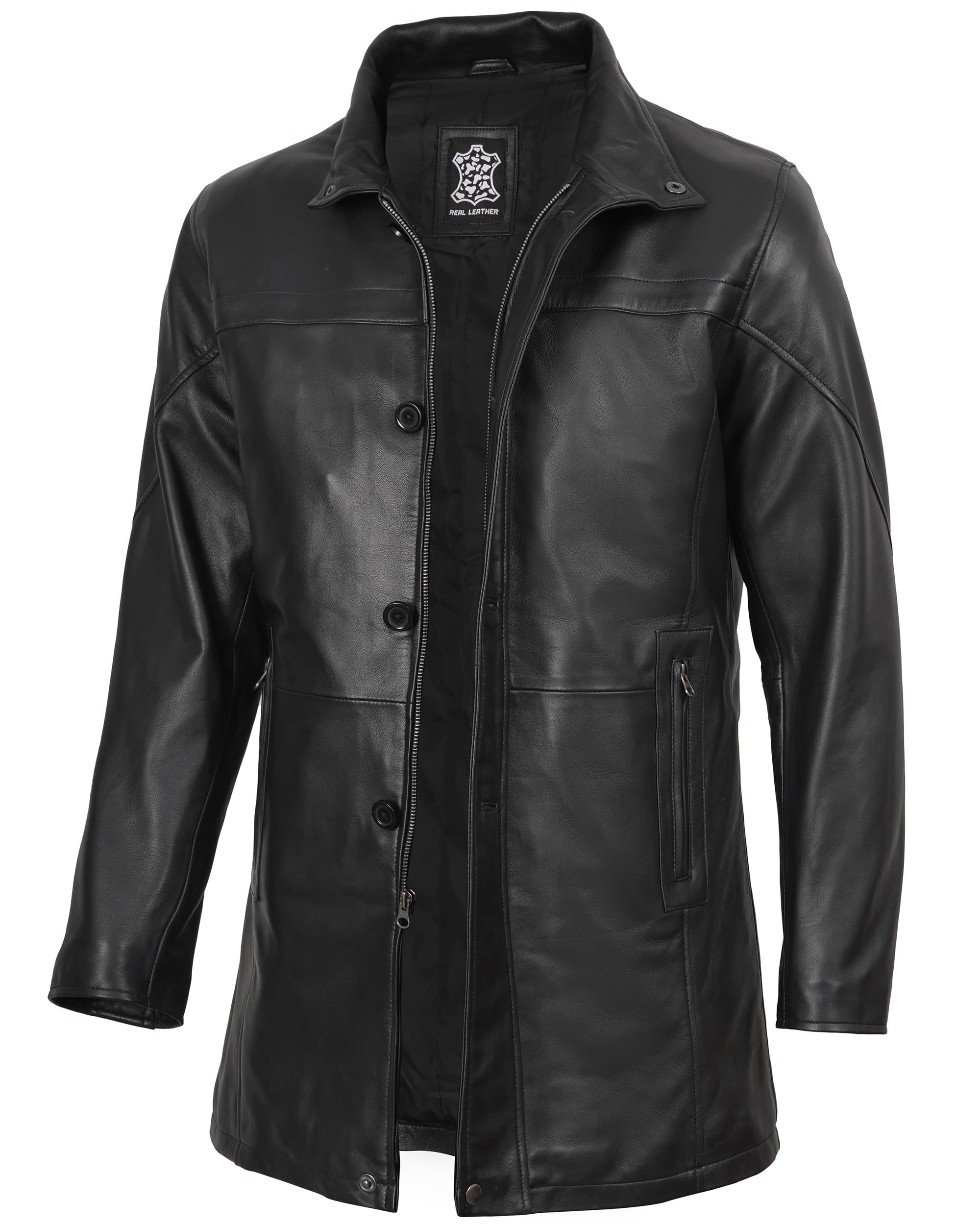 Blingsoul Men's Leather Car Coat - Real Lambskin Long Leather Jacket Men, Mid-Th
