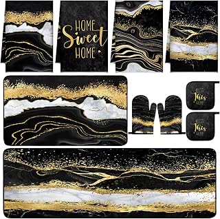 Fourluoo 10 Pcs Black and Gold Marble Kitchen Decor Accessories Set | Modern Marble Design, 2 Dish Hand Towels 2 Anti-slip Rugs 2 Pot Holders 2 Heat Resistant Oven Mitts for Cooking Baking
