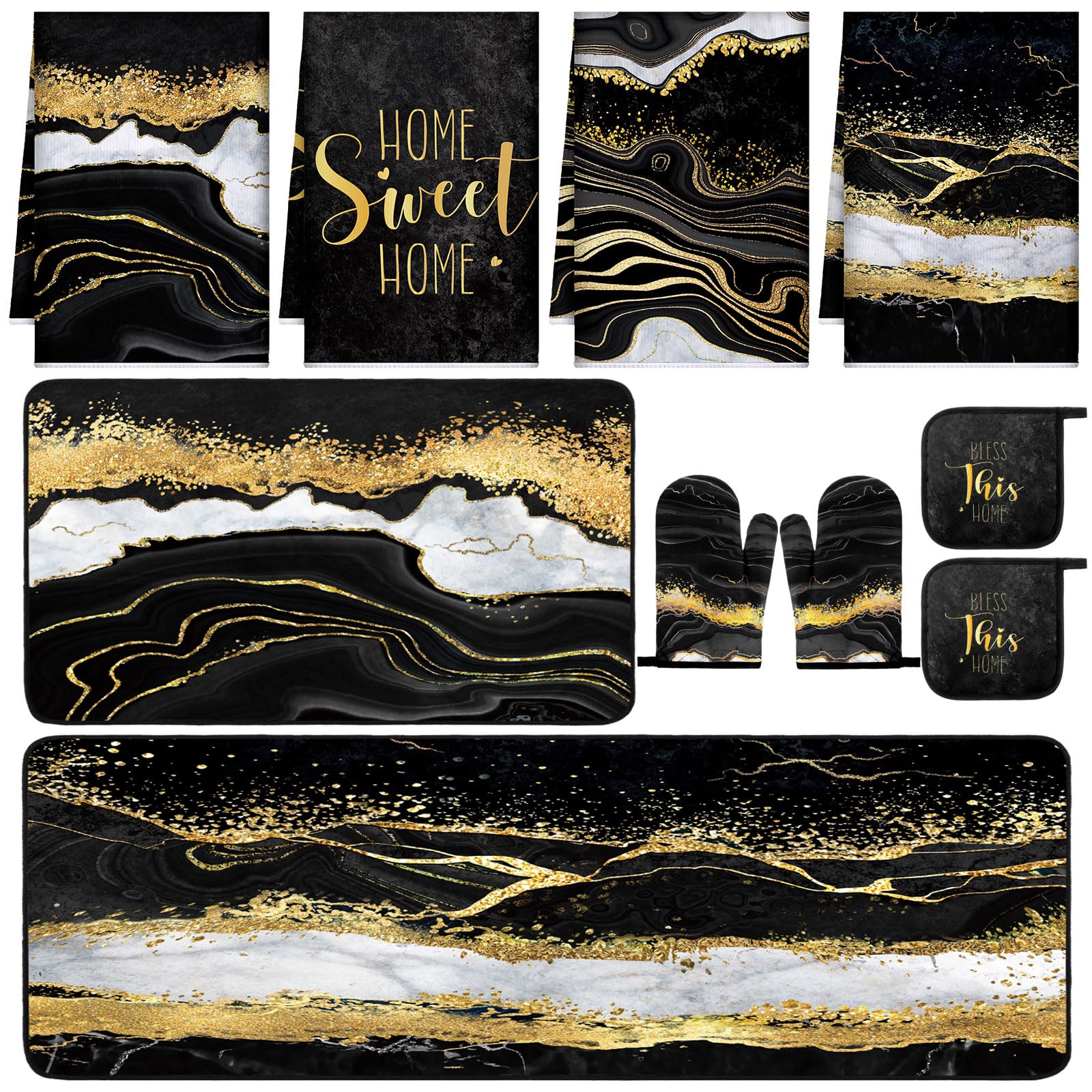 Fourluoo 10 Pcs Black and Gold Marble Kitchen Decor Accessories Set | Modern Mar