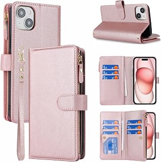 Wallet Case for iPhone 15 Plus/14 Plus with Wrist Strap,Rosegold