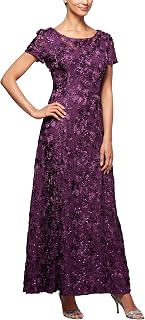 Alex Evenings - Ladies Short Sleeve Sequin Detail Long Dress - Purple - 18 Petite