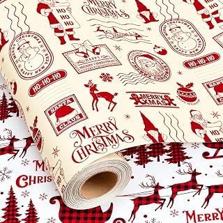 Burymento Christmas Wrapping Paper Roll, Vintage Red & White Santa Claus Christmas Gift Wrapping Paper, Reversible Buffalo Plaid Sleigh Holiday Gift Wrap for Xmas Present Packaging (17 Inch X 33 Feet)