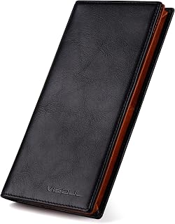 VISOUL Leather Checkbook Cover Wallet for Men with RFID Blocking, Mens Long Bifold Cash Tall Wallet with 11 Credit Card Slots 1 ID Window (Black and Orange)