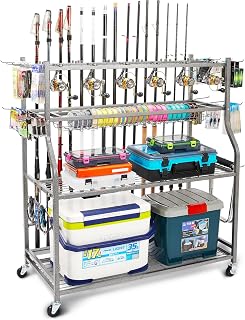 PeBro Fishing Pole Holders, Fishing Rod Holders for Garage, Fishing Rod Holder for Fishing Rod Tackle Box Reel Storage, All-In-One Fishing Rod Rack with Hooks and Wheels