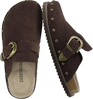 CUSHIONAIRE Bronco Slip On Mule Womens Shoes – Genuine Suede Leather Clogs with Adjustable Buckle and Studded Detailing, Stylish Fall Shoes for Women