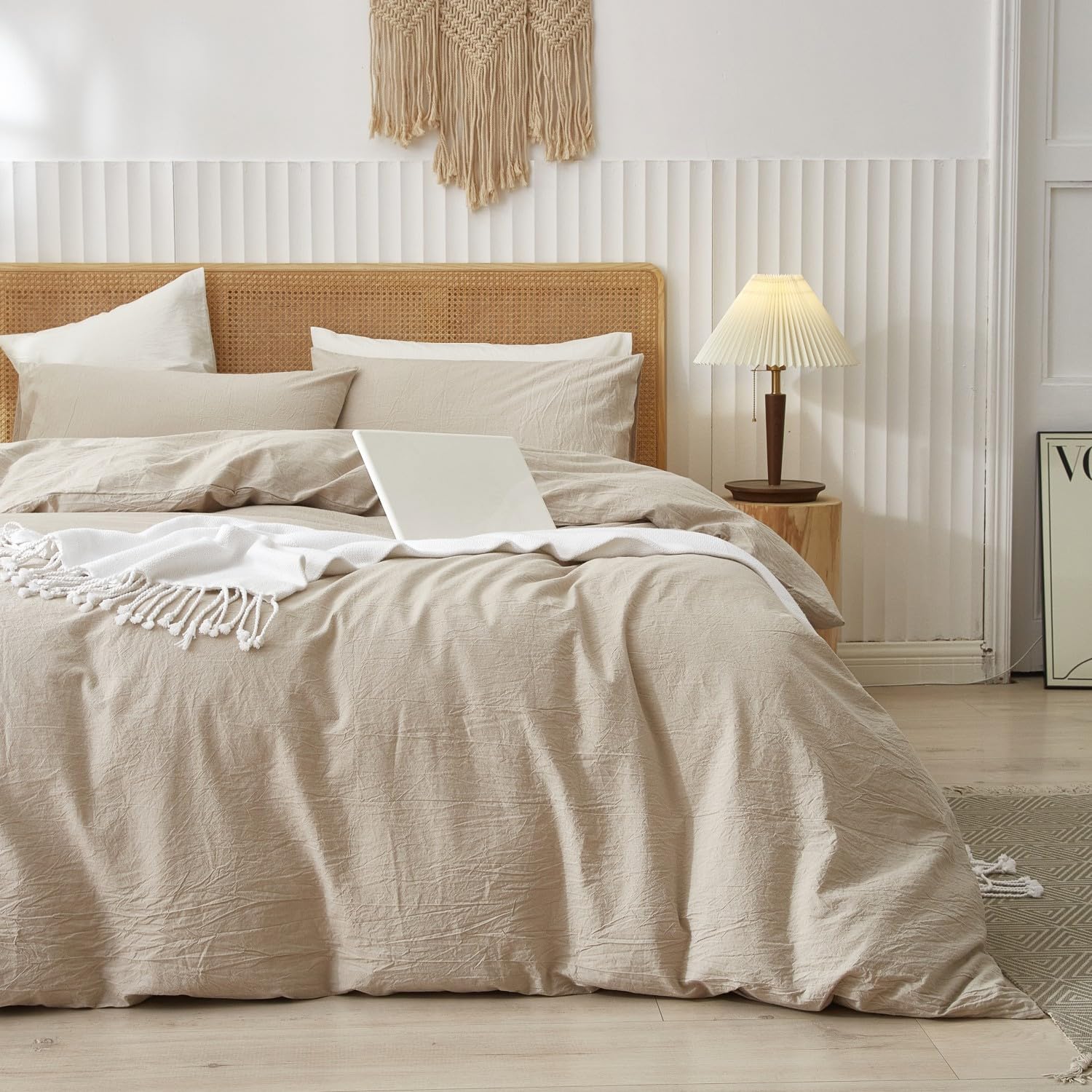 LIFETOWN 100% Washed Cotton Duvet Cover Set Linen Feel Natural Wrinkle Lightweig
