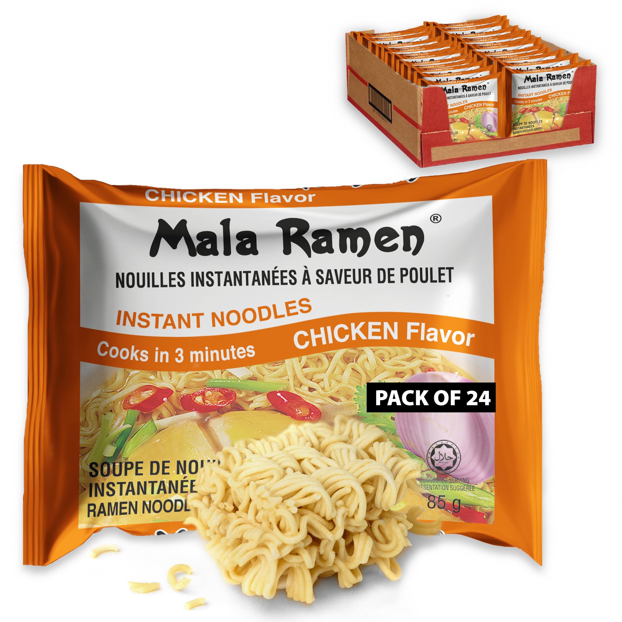 Mala Ramen Instant Noodle - Chicken Noodles 85G (Case Of 24) 2.04 Kg - Cooks In 