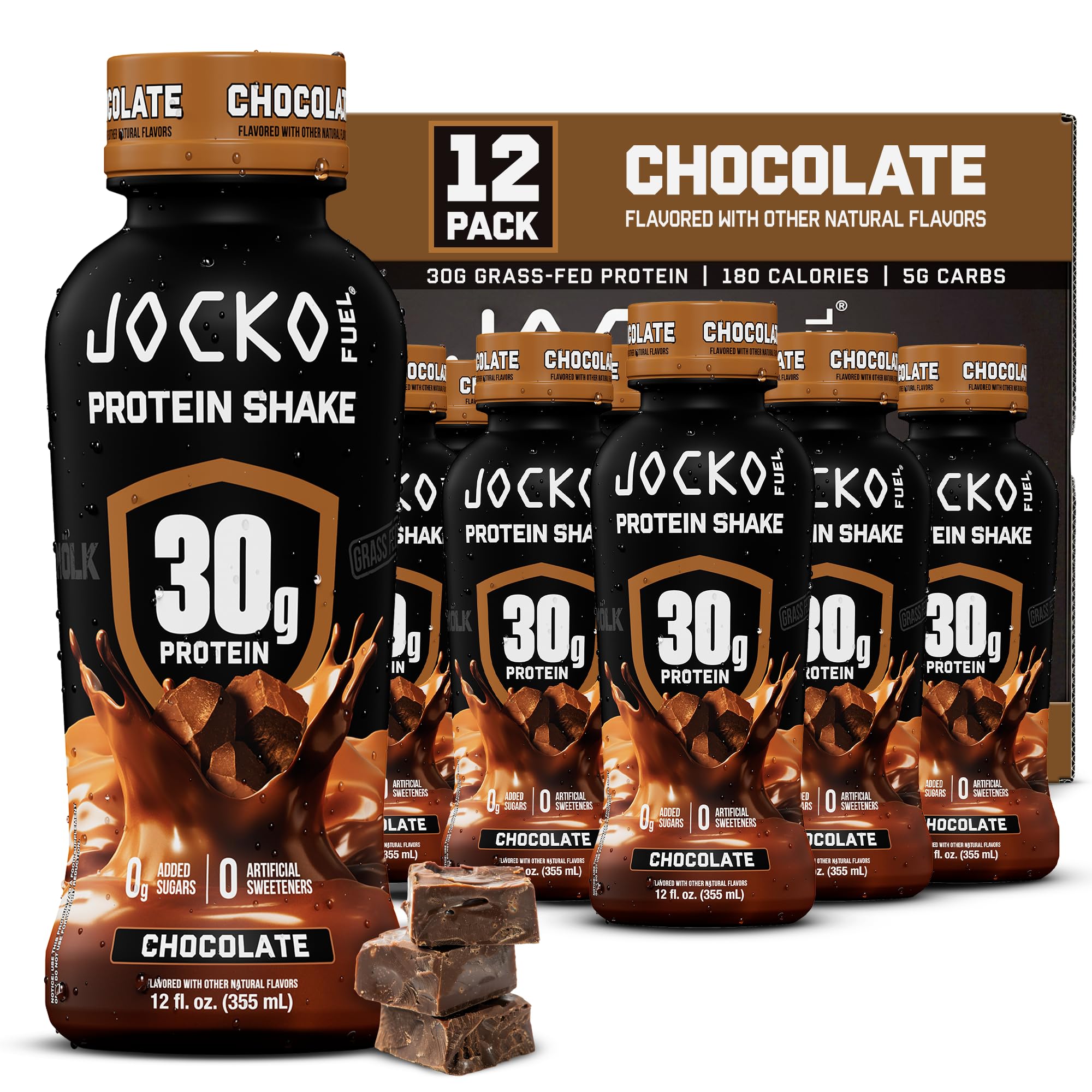 Jocko Fuel High Protein Shakes, Chocolate, 12 fl oz | 12 Pack | 30G Grass Fed Pr