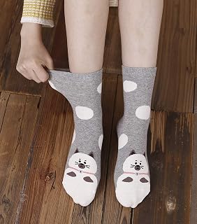 Women's Novelty Cotton Animal Cat Dog Food Painting Cute Funny Soft Socks for Girls, EU 35-42, 5 Pair