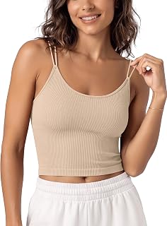 ODODOS Women's Seamless Crop Tank Top – Double Strap Rib-Knit Soft Lightweight Camisole for Yoga, Workout & Everyday Wear