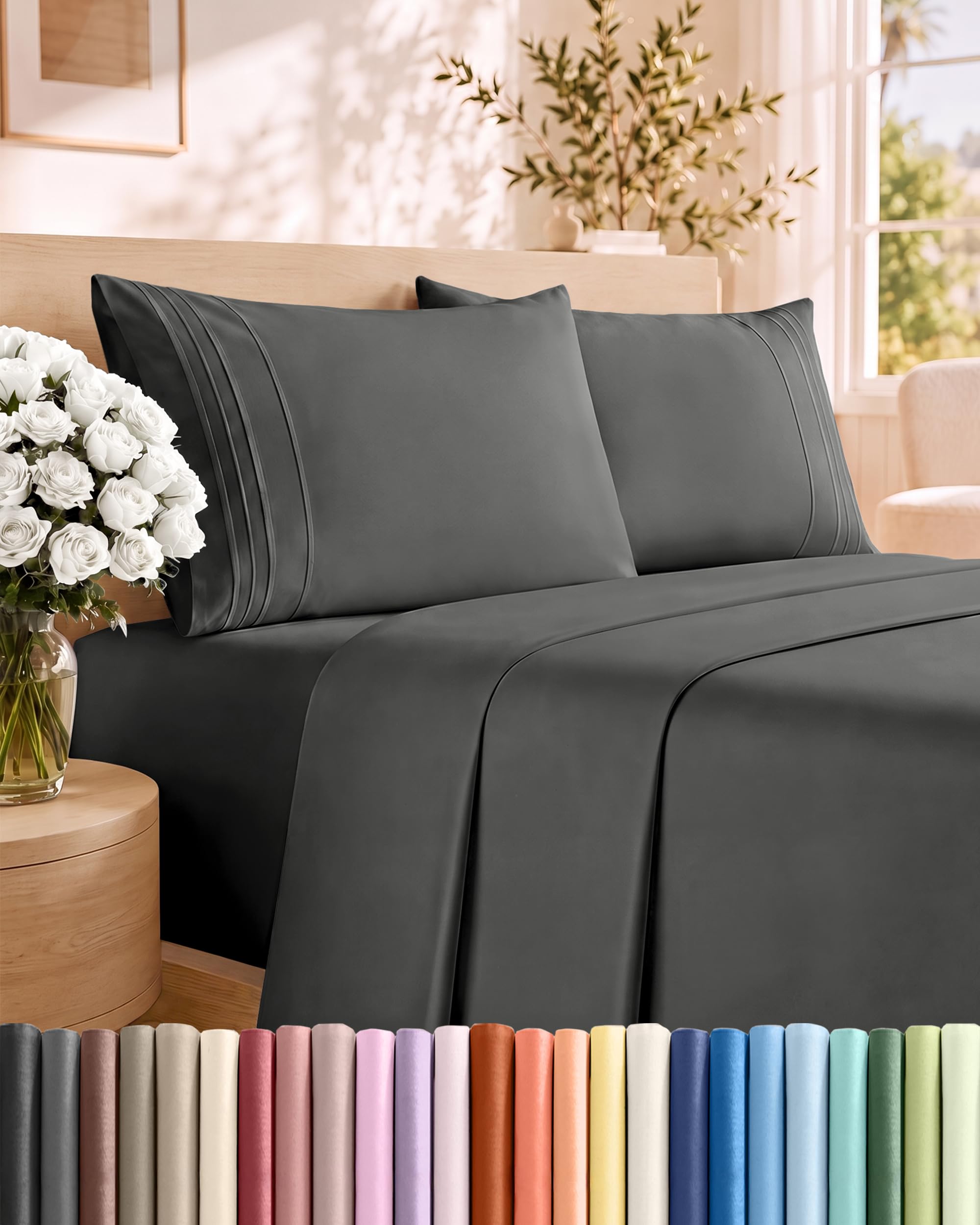 Queen Size 4 Piece Sheet Set - Comfy Breathable & Cooling Sheets - Charcoal