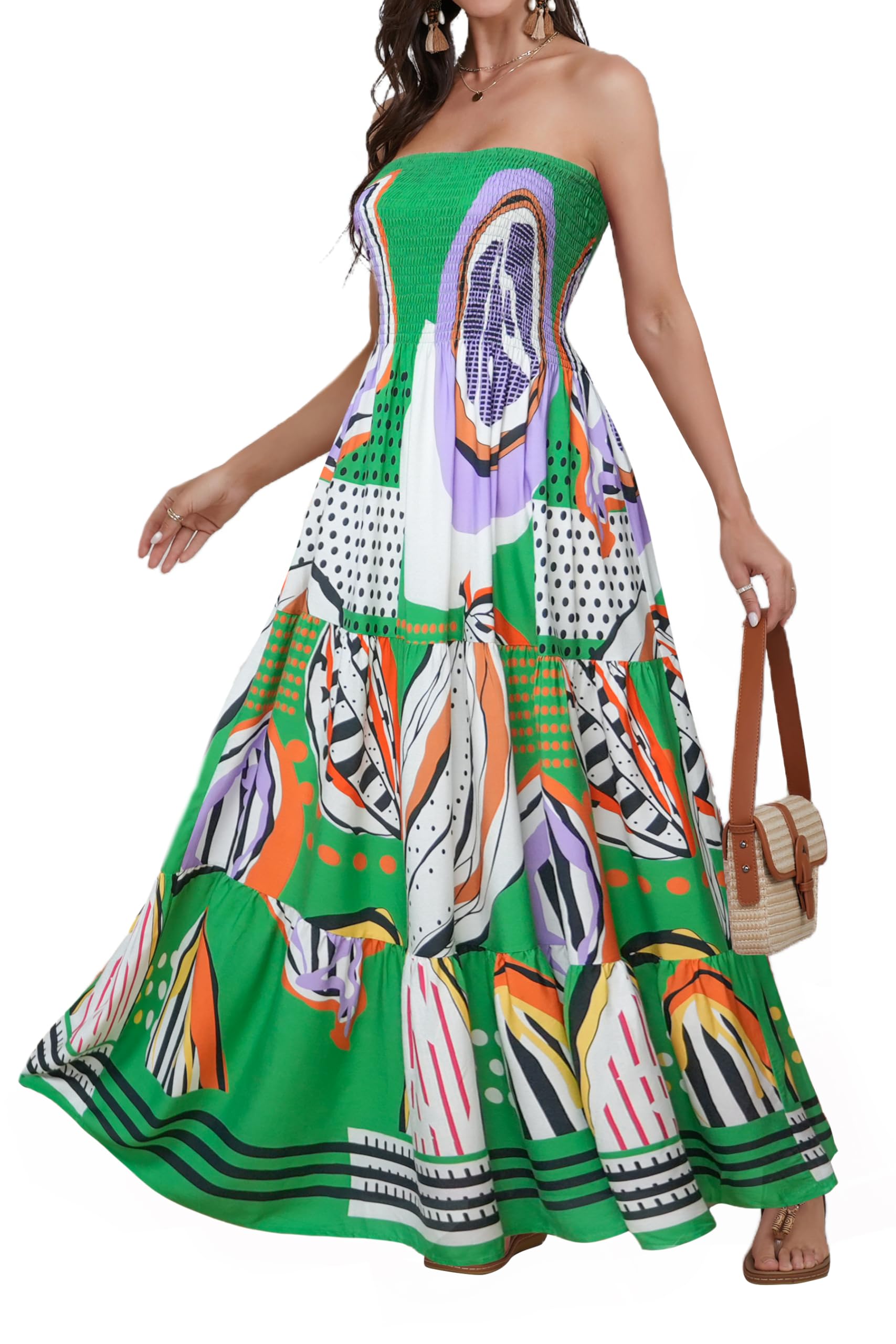 Women Strapless A Line Maxi Dress Tube Top Backless Casual Dress