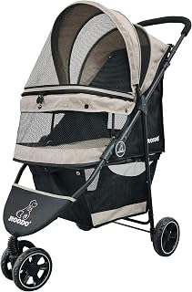 ROODO 3 Wheel Dog Pet Cat Stroller Best Lightweight Foldable Compact Portable Jogger All Terrain Travel Pet Gear Puppy Kitty Stroller for up to 30lbs Medium Small Dogs and Cats(Light Khaki)