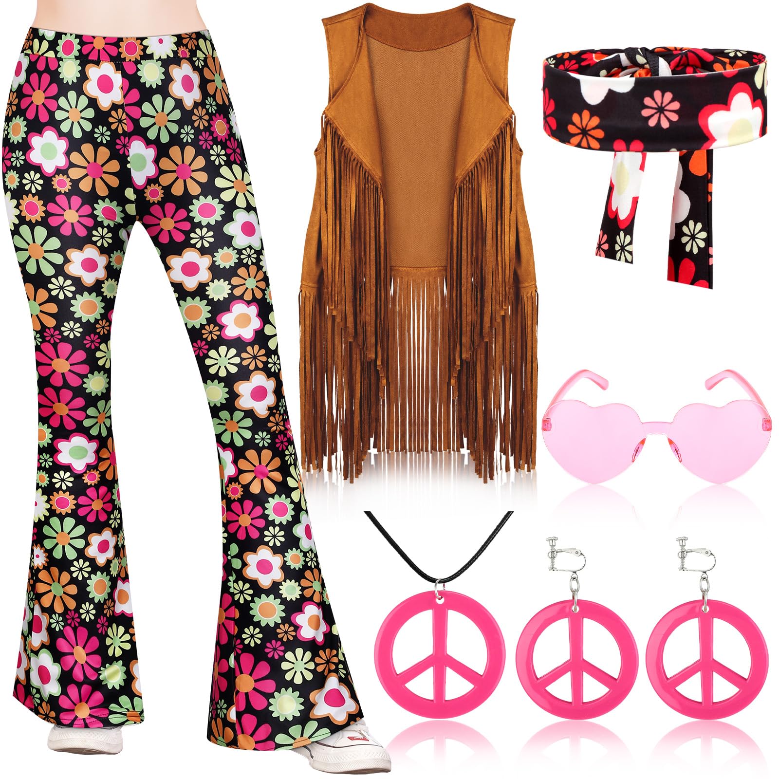 Jenaai 7 Pcs Kids 60s 70s Hippie Outfits for Girls Costume Set Boho Flared Pants