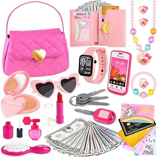 Meaicezli 38Pcs Play Purse with Watch, Phone, Pretend Play for Girl Age 3-6 | Little Girl Toys Include Wallet, Pretend Makeup and Play Jewelry for Birthday Gift, Christmas, Dress Up, Mommy and Me Set