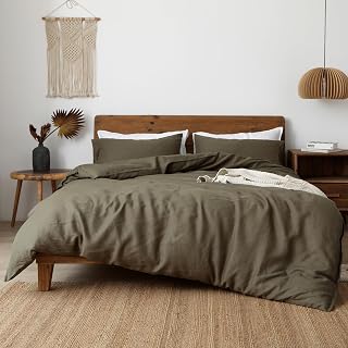 XZ XIFA 100% Washed French Flax Linen Duvet Cover Set – 3 Pieces, Cooling & Textured Farmhouse Bedding for Hot Sleepers, with Zipper Closure (Olive Green, King)