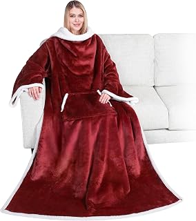 PAVILIA Sherpa Wearable Blanket with Sleeves and Pocket, Plush Thick Cozy Body Blanket Wrap for Adult Women Men, Christmas Gift for Wife Mom, Burgundy Red