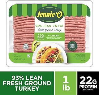 JENNIE-O 93% Lean / 7% Fat, Lean Ground Turkey, All Natural, 1lb Tray | Fresh Ground Turkey, 22g protein. Gluten-free, Versatile for Burgers, Tacos, Chili, Meatloaf, and Everyday Family Meals