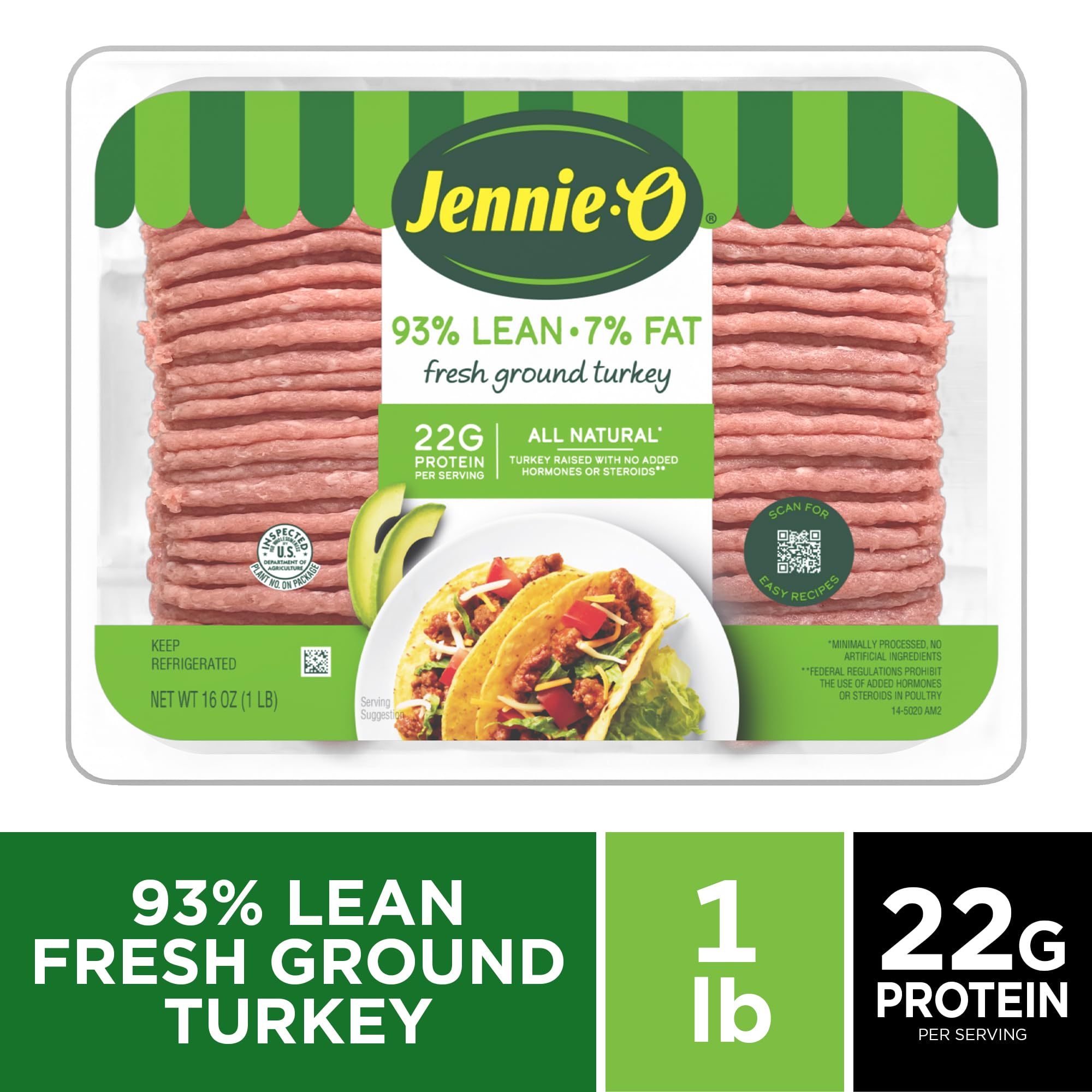 JENNIE-O 93% Lean / 7% Fat, Lean Ground Turkey, All Natural, 1lb Tray | Fresh Gr