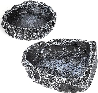 Reptile Water Dish Food Bowl for Bearded Dragon Tank Accessories, Reptile Rock Feeder for Tank 2 Pack Corner Resin Terrarium Bowl for Leopard Gecko Hermit Crab Tortoise Snake, Black