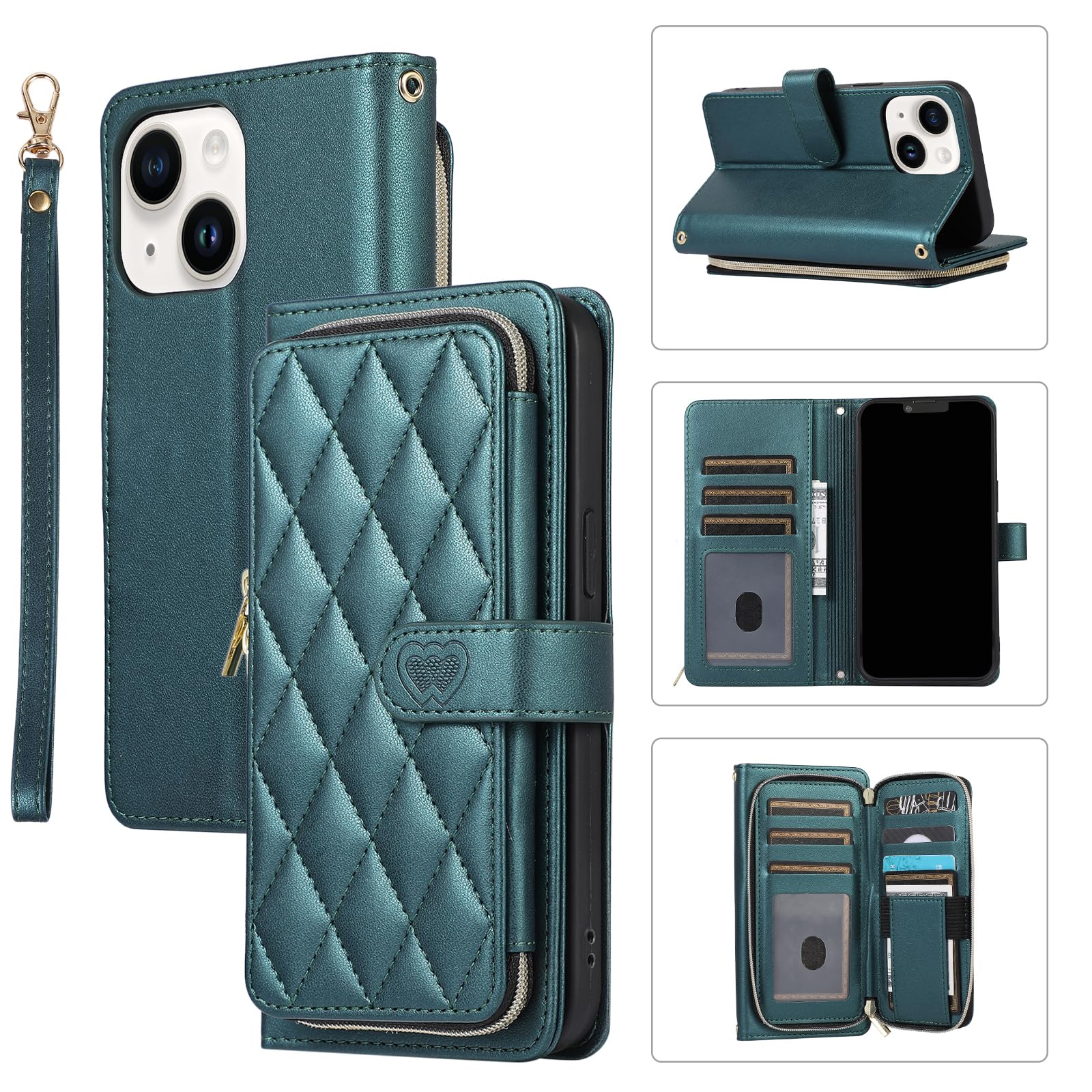 Étui portefeuille pour iPhone 14, porte-cartes - Vert foncé
